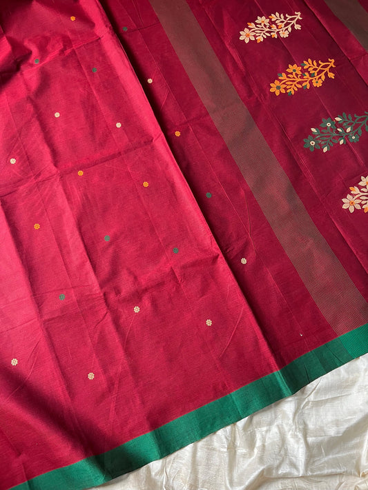 Maroon handloom Kanchi cotton saree with handwoven buttas, subtly woven pallu