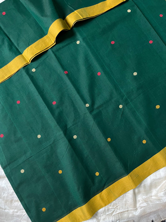 Green handloom Kanchi cotton saree with handwoven buttas, subtly woven pallu