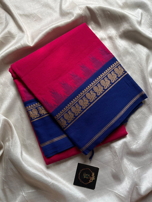 Pink Chettinadu cotton saree with thread-woven korvai border and running blouse