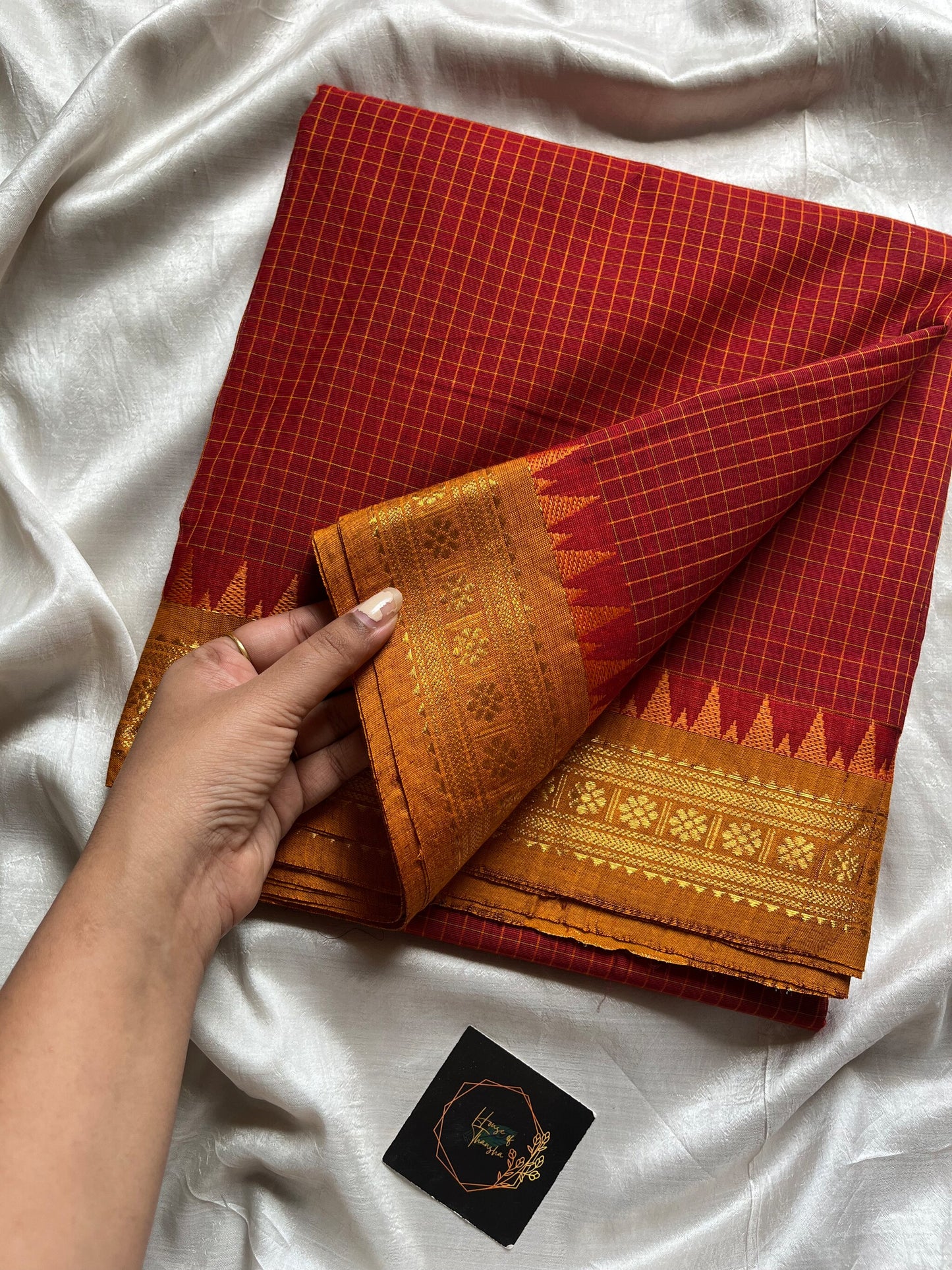 Mini Kattam maroon Chettinadu cotton saree with contrast border and running blouse, 6.3 meters, checked pattern