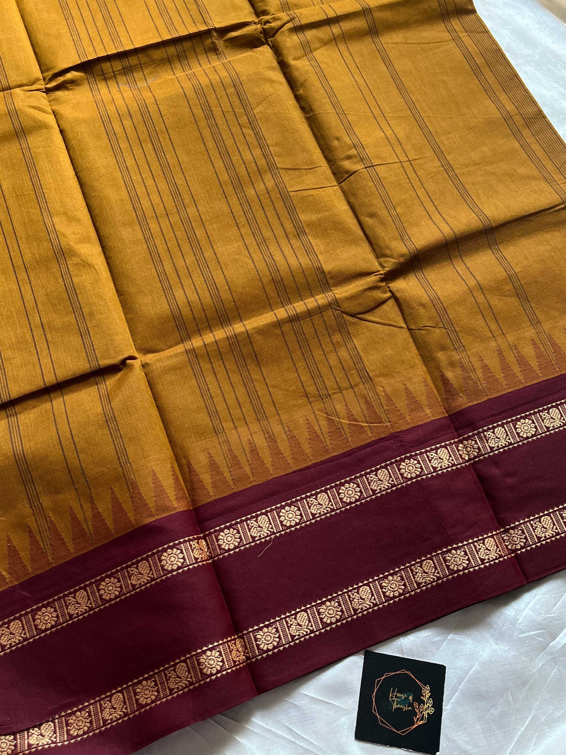 Mustard brown Chettinadu cotton saree with thread-woven korvai border and running blouse