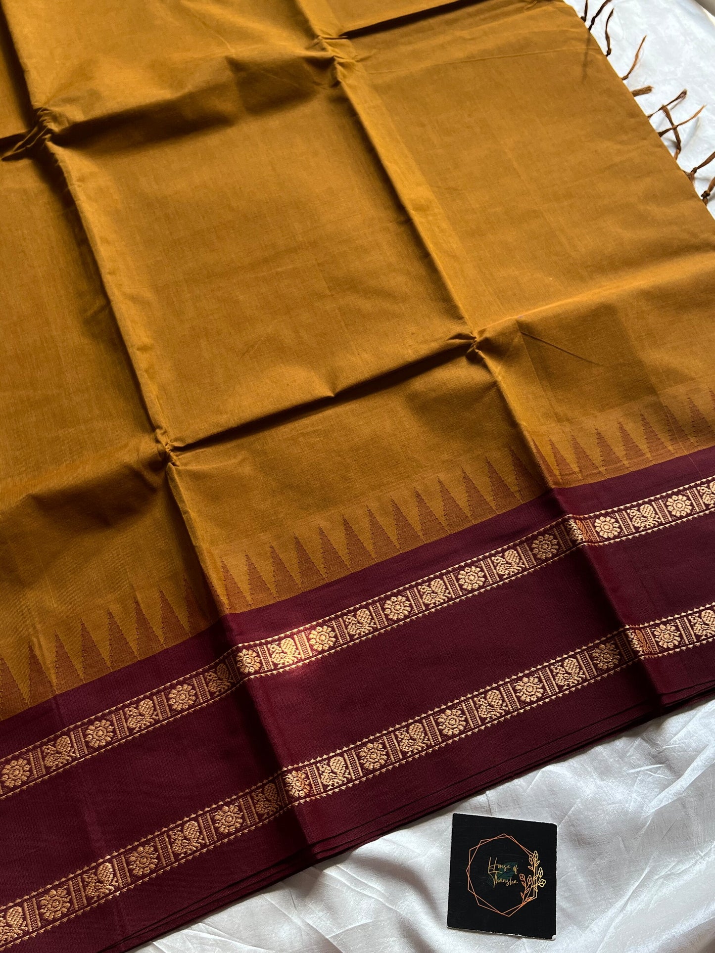 Mustard brown Chettinadu cotton saree with thread-woven korvai border and running blouse