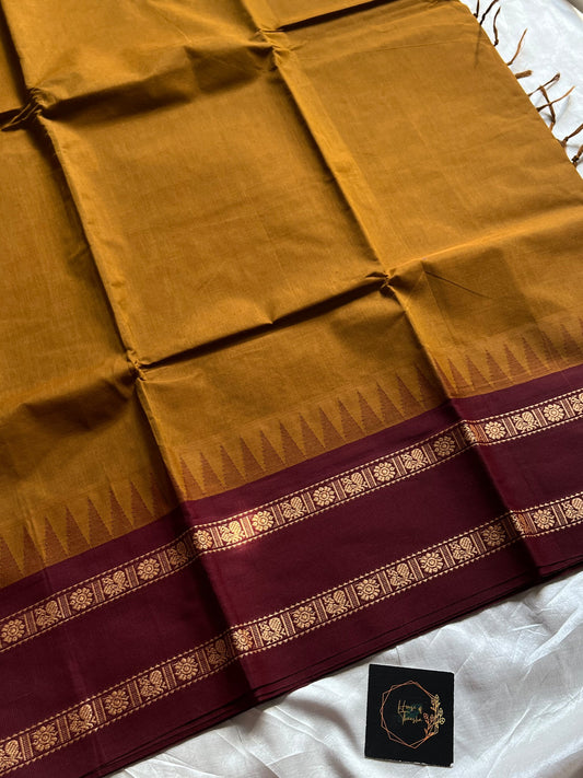 Mustard brown Chettinadu cotton saree with thread-woven korvai border and running blouse