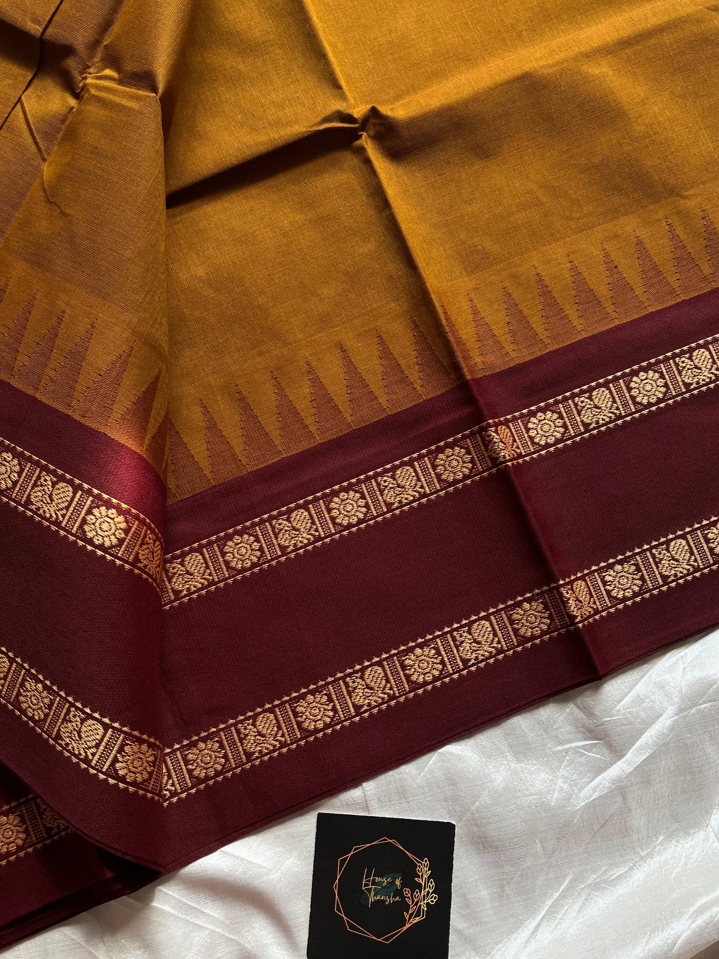 Mustard brown Chettinadu cotton saree with thread-woven korvai border and running blouse