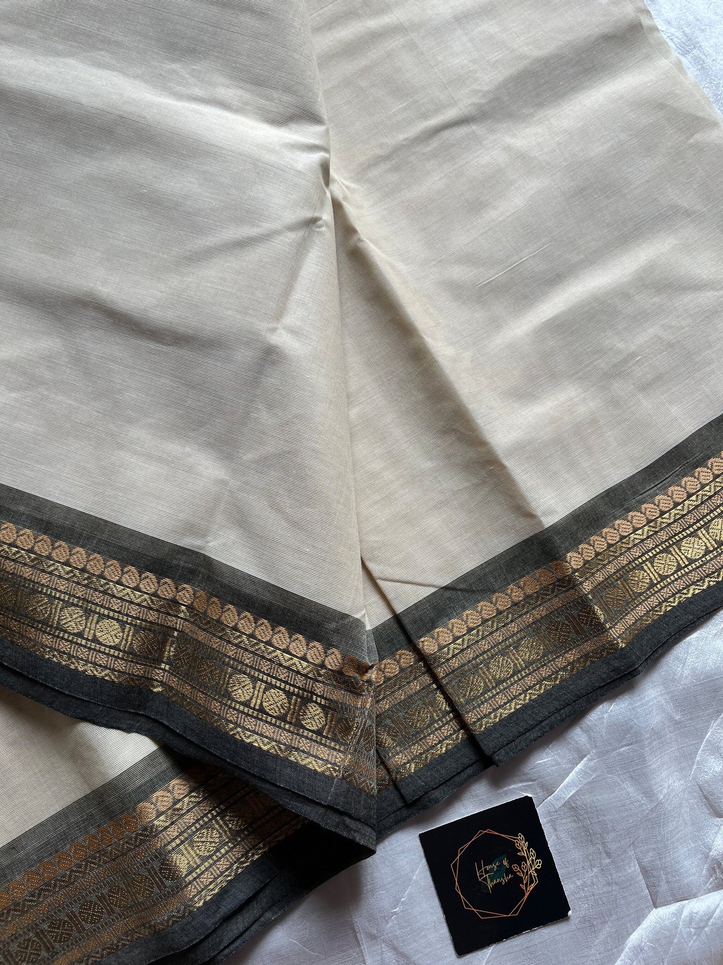 White Chettinadu cotton saree with plain body and zari border