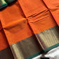 Orange Chettinadu cotton saree with subtle weave and green border, 6 meters
