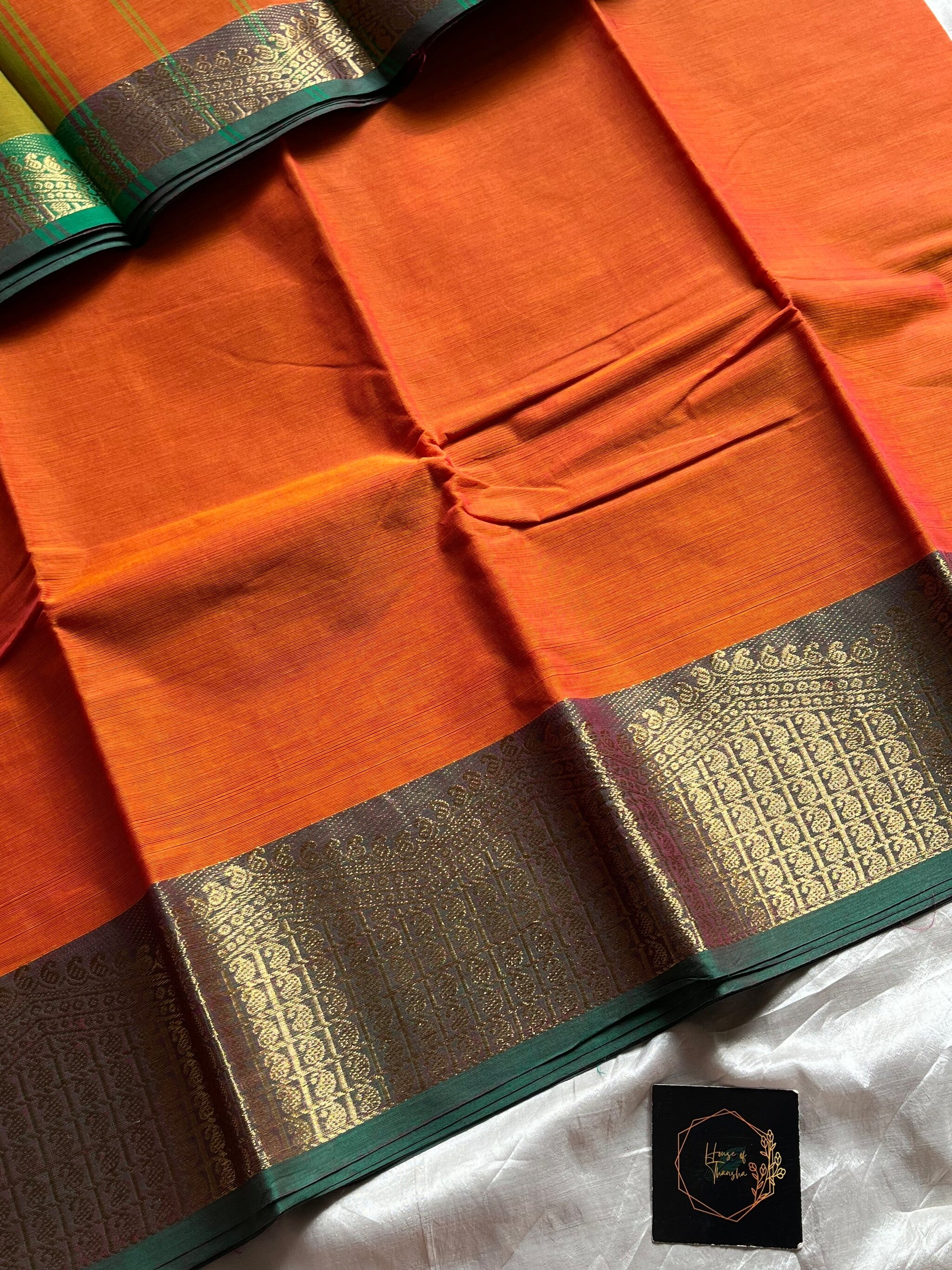 Orange Chettinadu cotton saree with subtle weave and green border, 6 meters