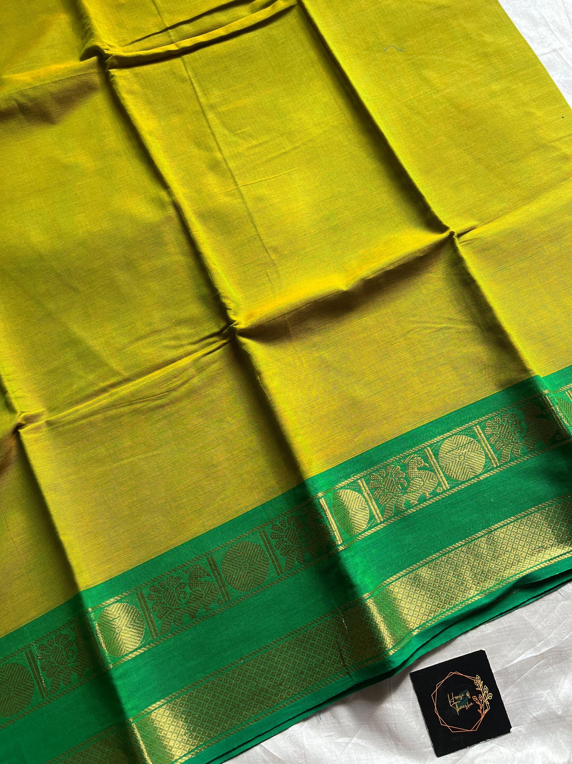 Green Chettinadu cotton saree with subtle weave and Ganga Jamuna border