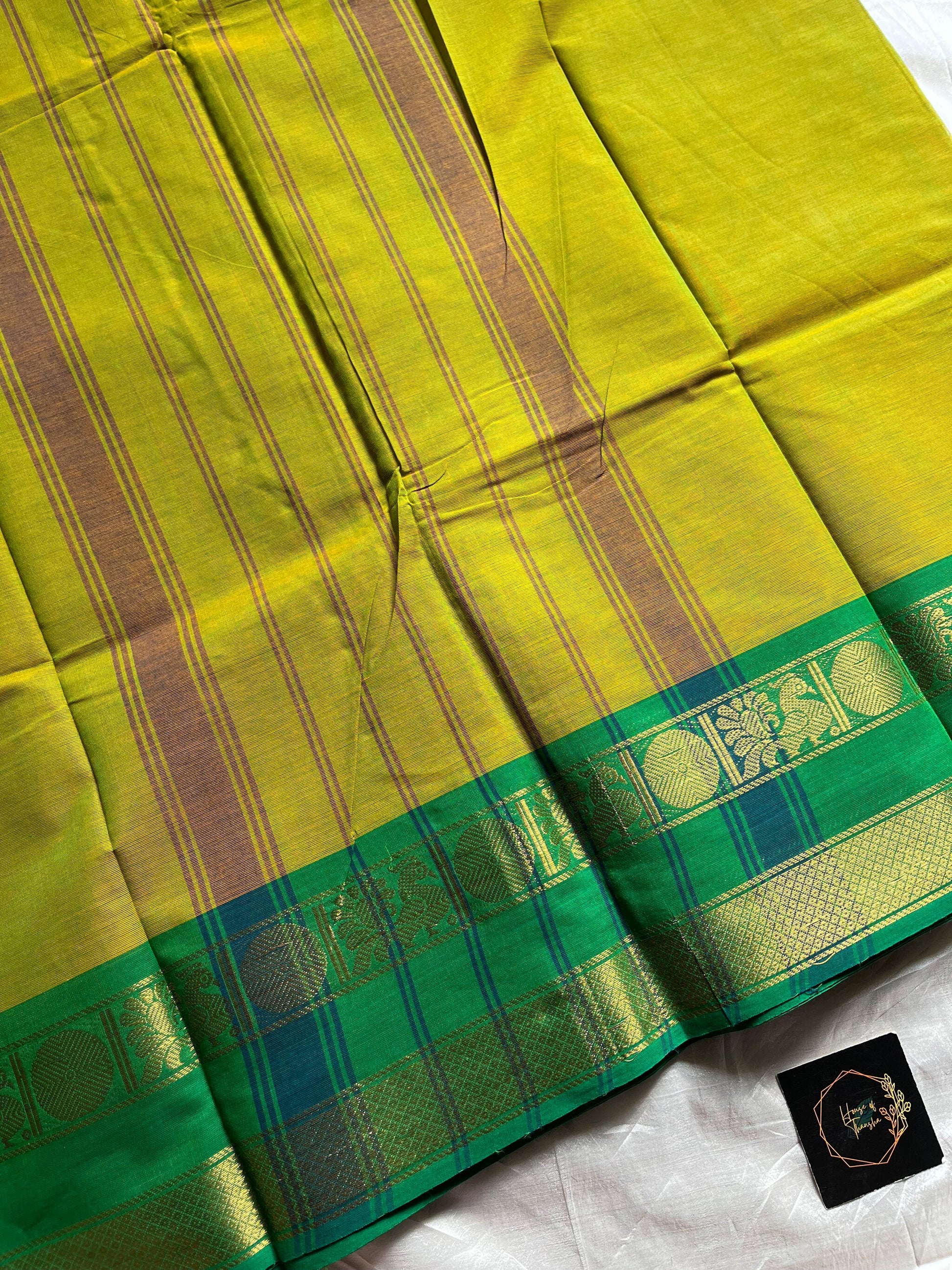 Green Chettinadu cotton saree with subtle weave and Ganga Jamuna border