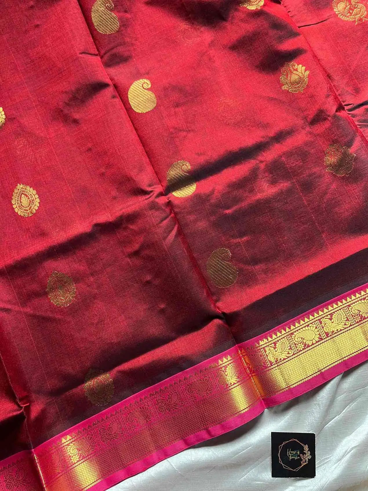 Handloom silk cotton saree in maroon – House of Thansha