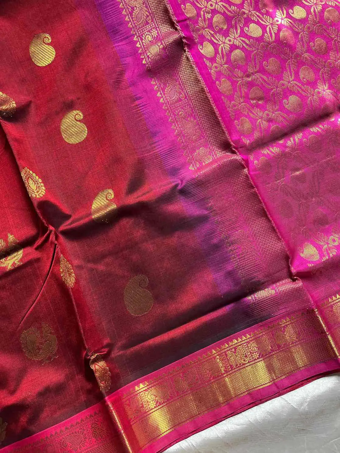 Pattu Nool Edit maroon saree with woven pallu
