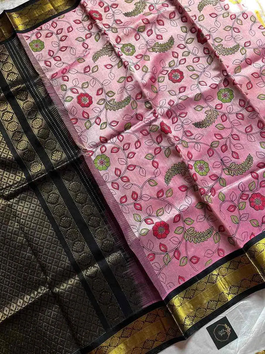 Pastel pink Kanchi silk cotton saree with black border and floral patterns – House of Thansha