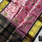 Pastel pink Kanchi silk cotton saree with black border and floral patterns – House of Thansha