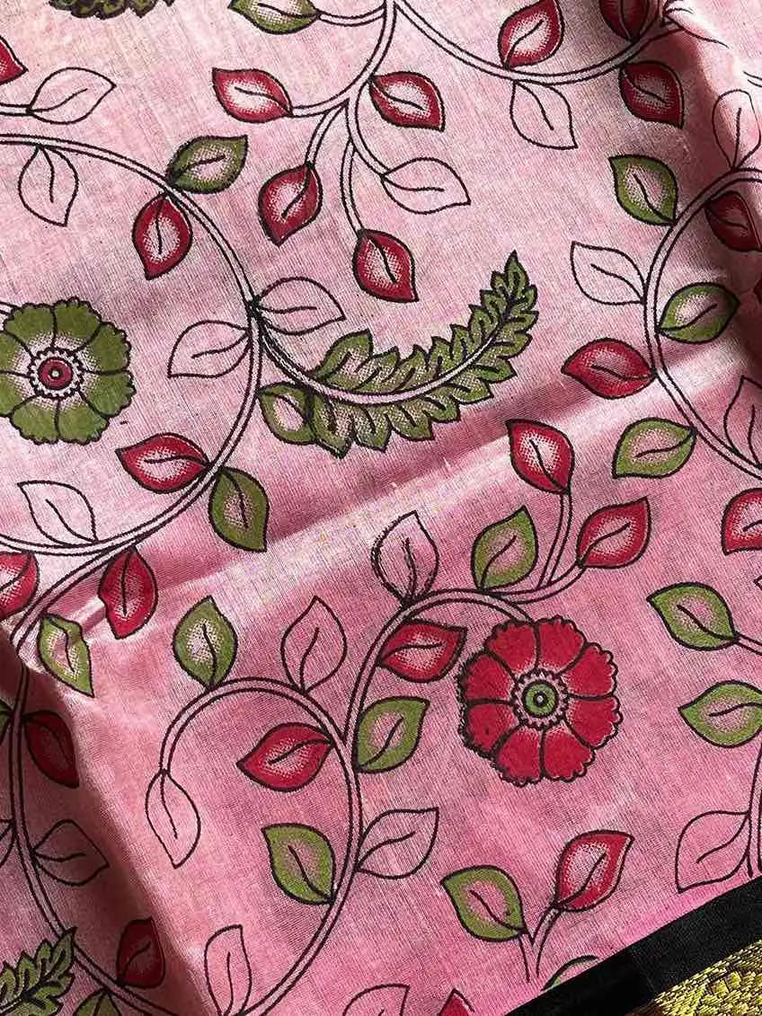 Pastel pink Kanchi silk cotton saree with black border and floral patterns – House of Thansha