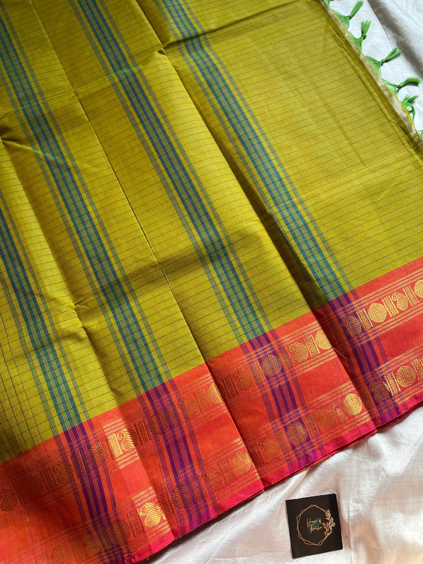 Raaga – Leaf Green Chettinadu Kattam Cotton Saree with Peach Zari Border, House of Thansha