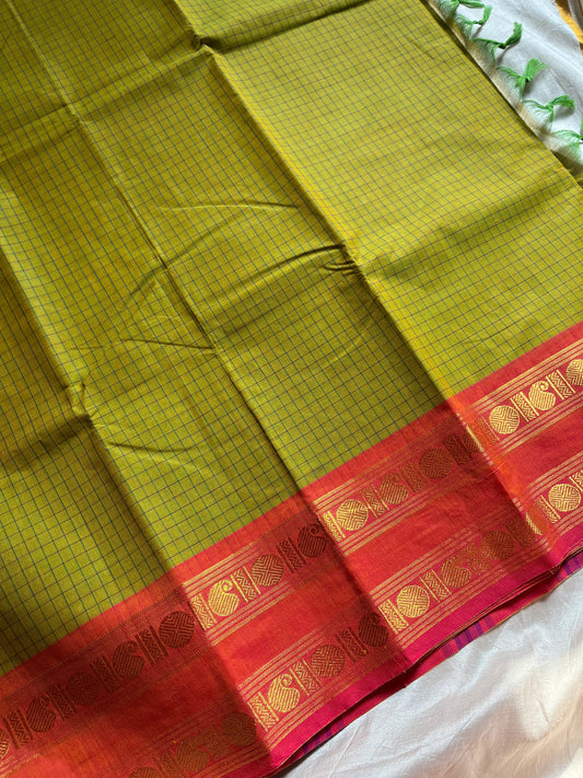 Raaga – Leaf Green Chettinadu Kattam Cotton Saree with Peach Zari Border, House of Thansha