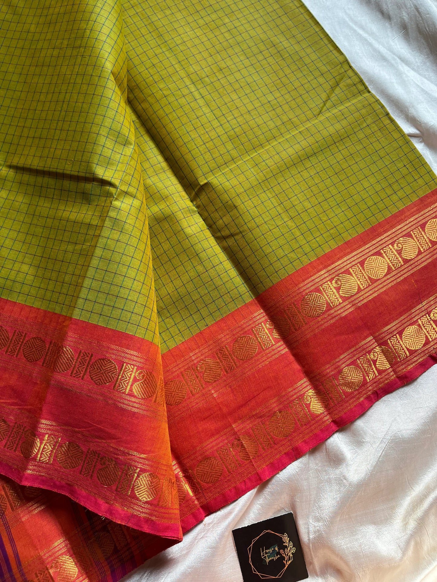 Raaga – Leaf Green Chettinadu Kattam Cotton Saree with Peach Zari Border, House of Thansha
