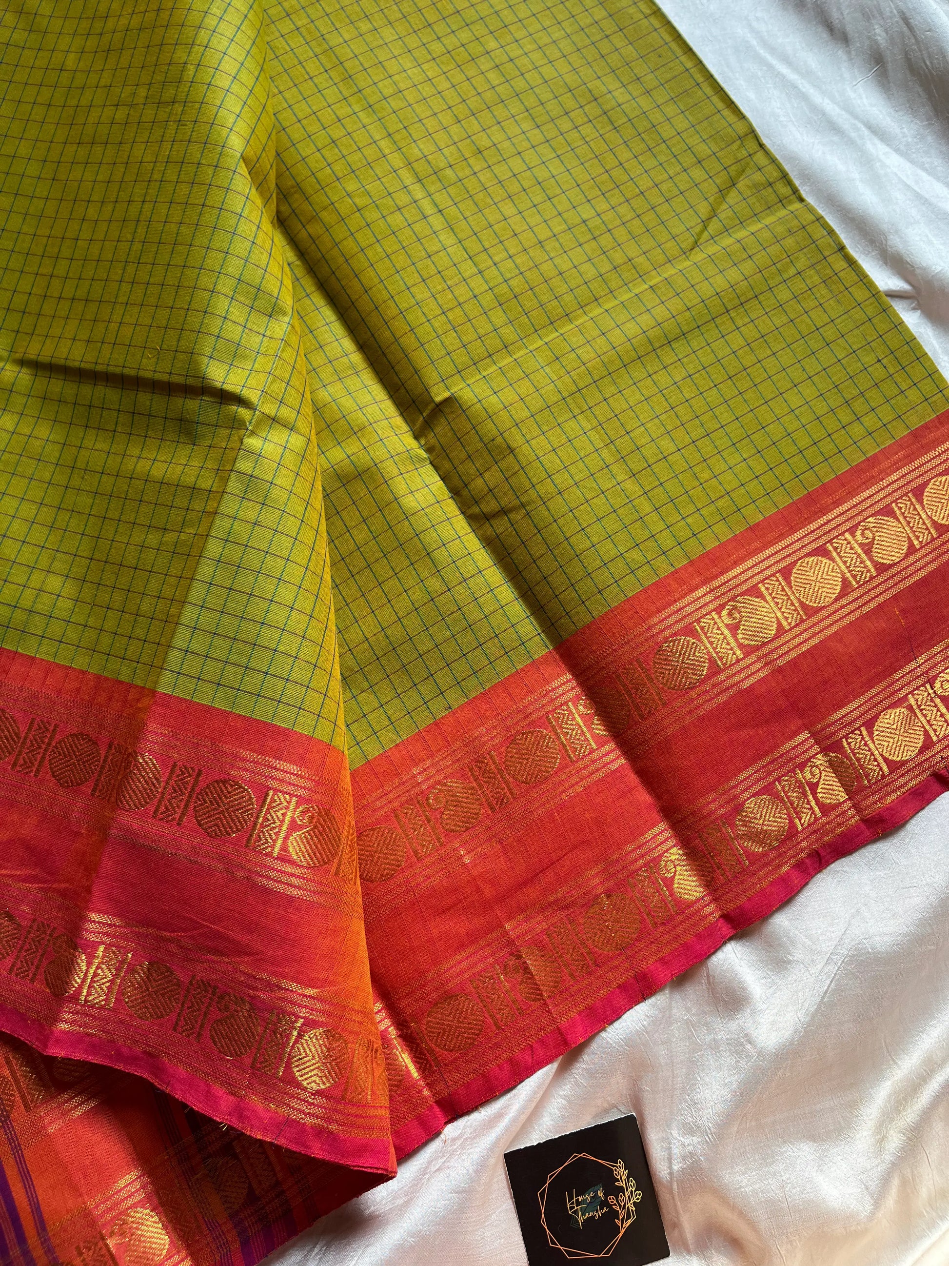 Raaga – Leaf Green Chettinadu Kattam Cotton Saree with Peach Zari Border, House of Thansha