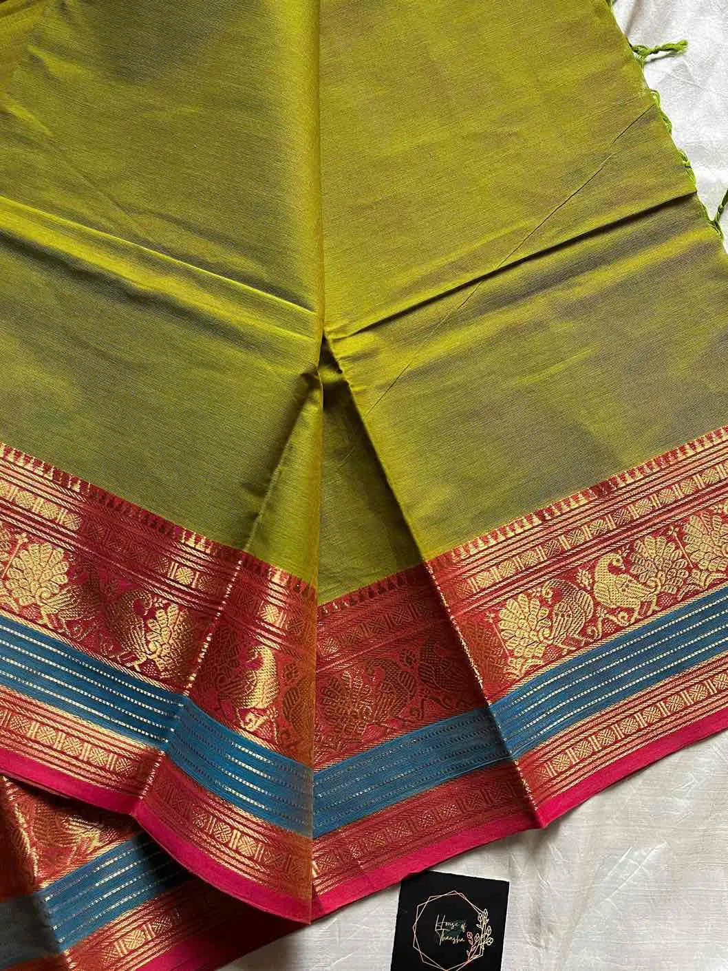 Green Kanchi cotton saree with subtle golden zari border – House of Thansha