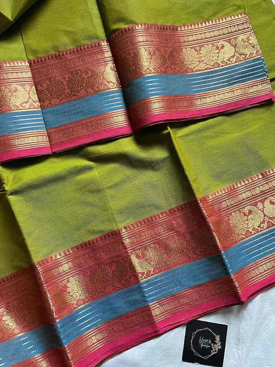 Green Kanchi cotton saree with subtle golden zari border – House of Thansha