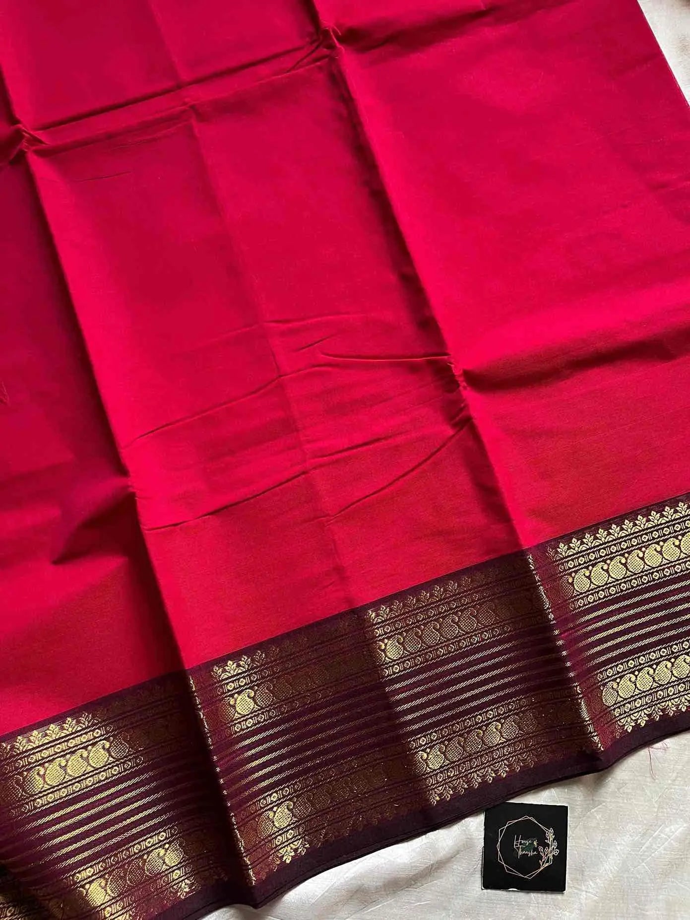 Handwoven Rani Pink Kanchi cotton saree with zari border – House of Thansha