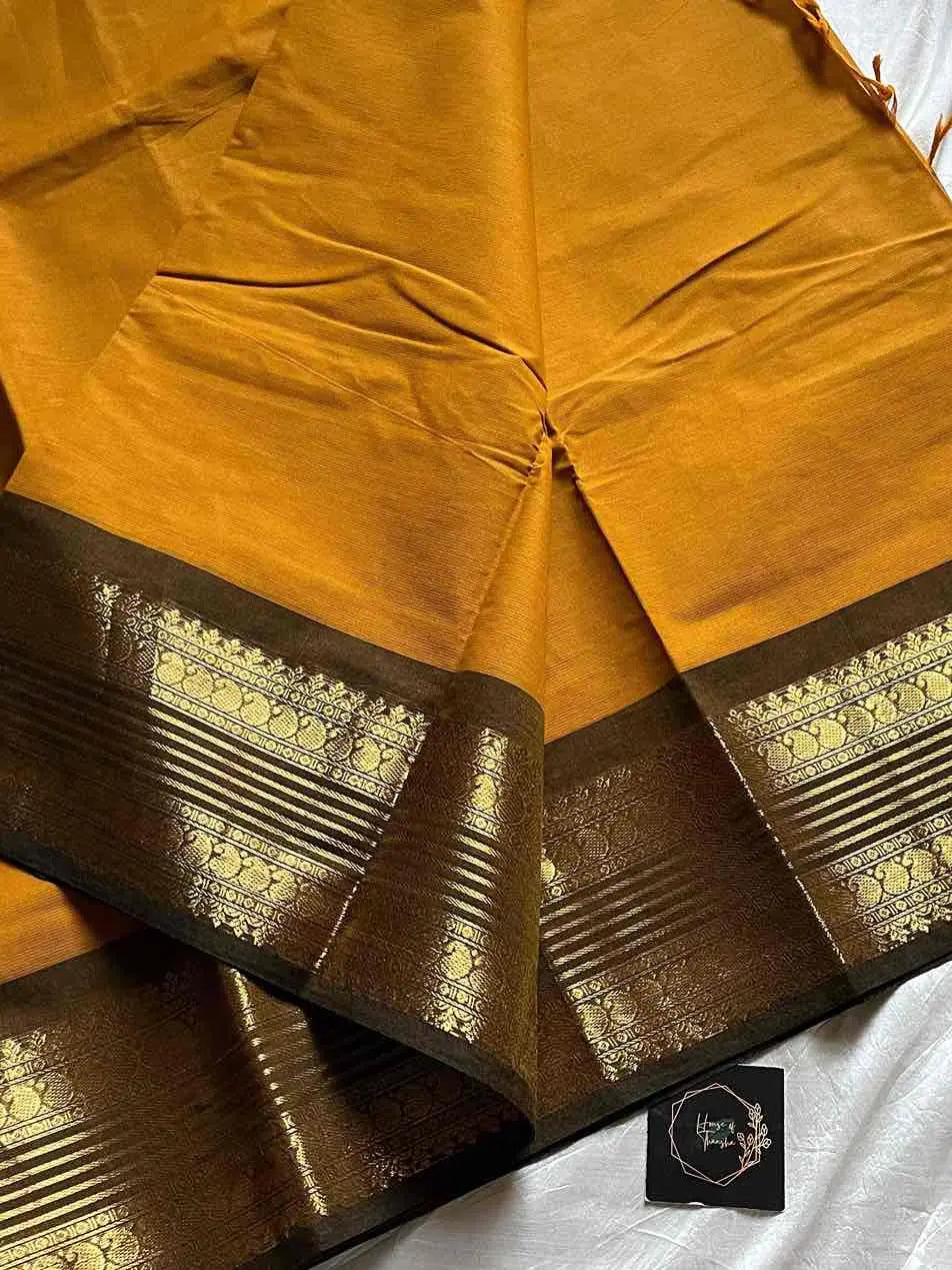 Yellow Kanchi cotton saree with subtle golden zari border – House of Thansha