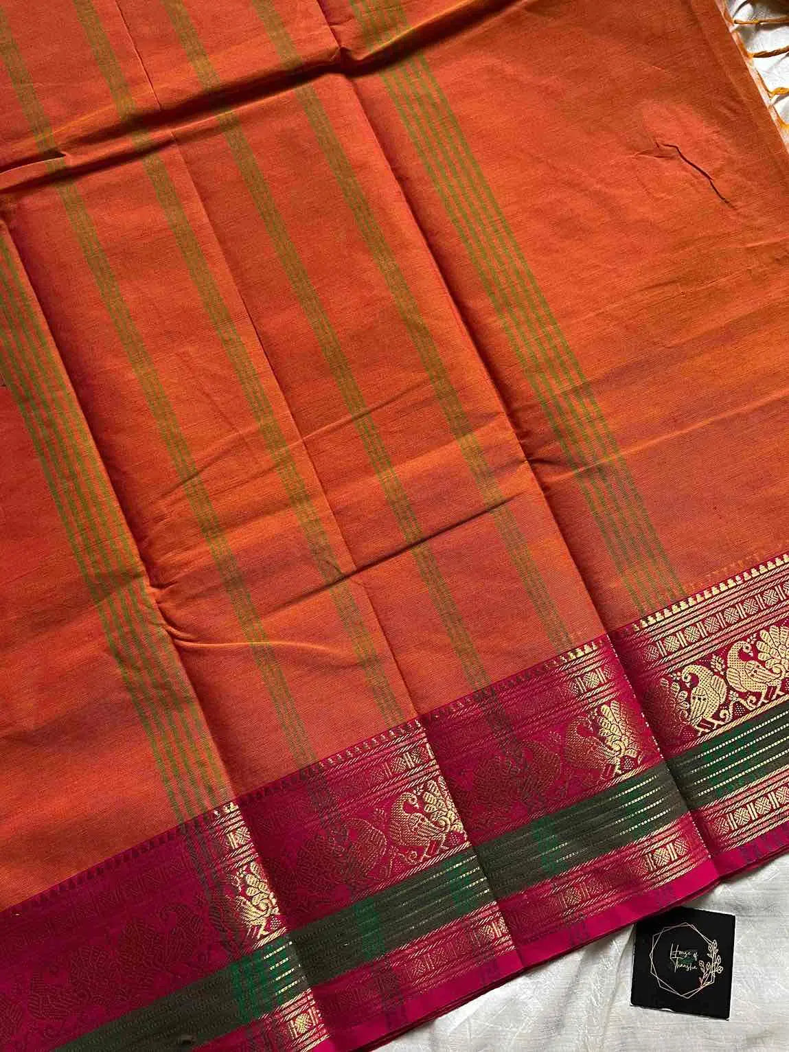 Orange Kanchi cotton saree with subtle golden zari border – House of Thansha
