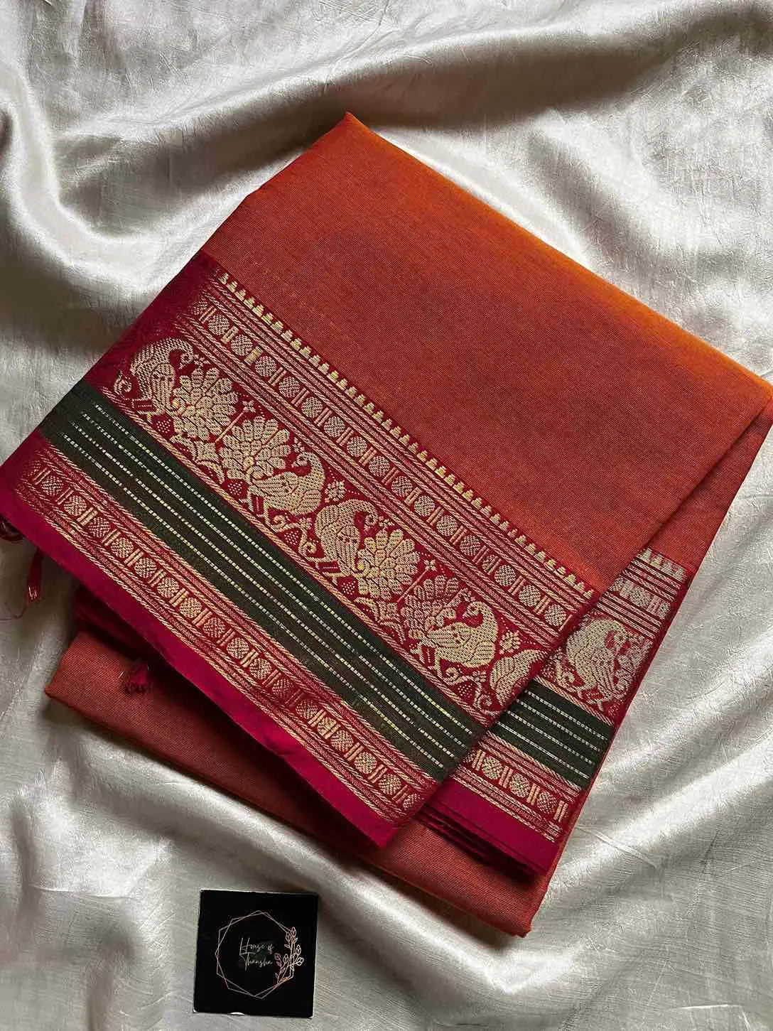 Orange Kanchi cotton saree with subtle golden zari border – House of Thansha