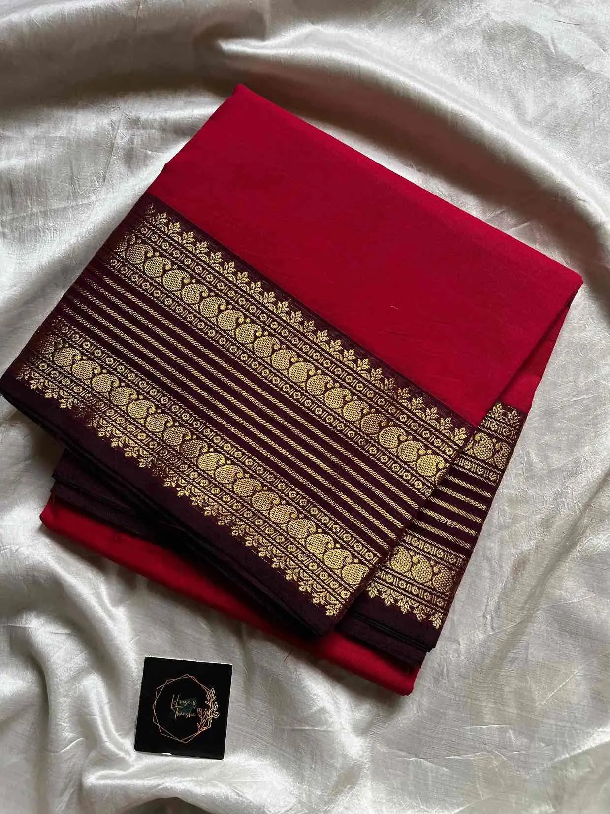 Handwoven Pink Kanchi cotton saree with zari border – House of Thansha