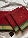 Maroon Kanchi cotton checked saree with contrast border - House of Thansha
