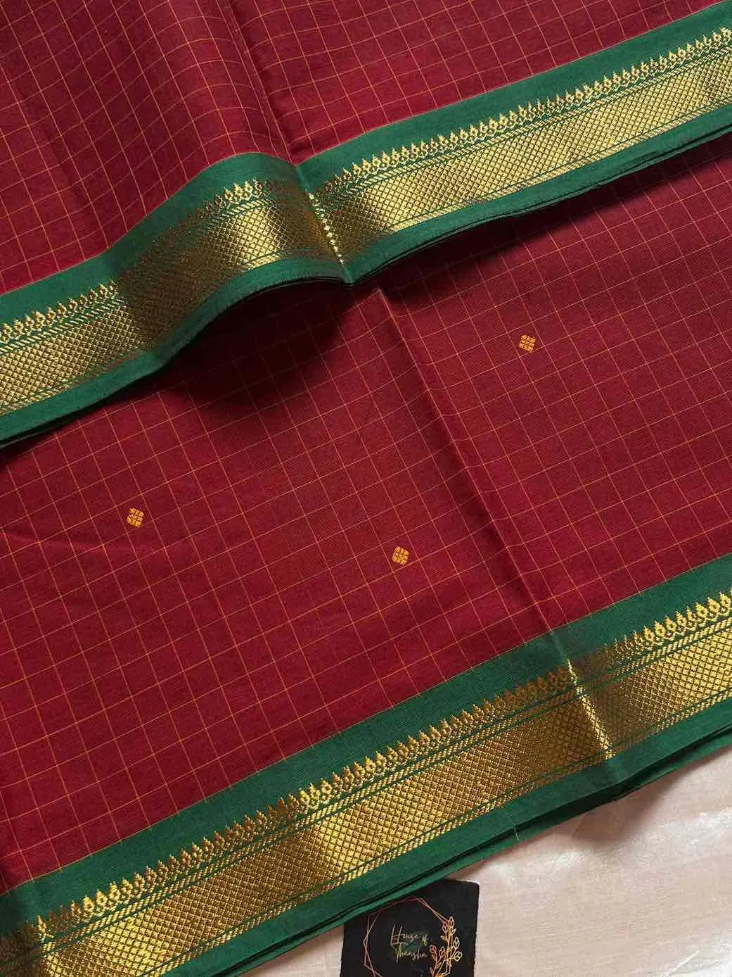 Maroon Kanchi cotton checked saree with contrast border - House of Thansha