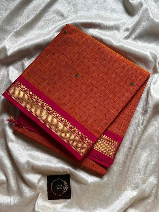 Kattam series - Orange Kanchi cotton checked saree with contrast border.