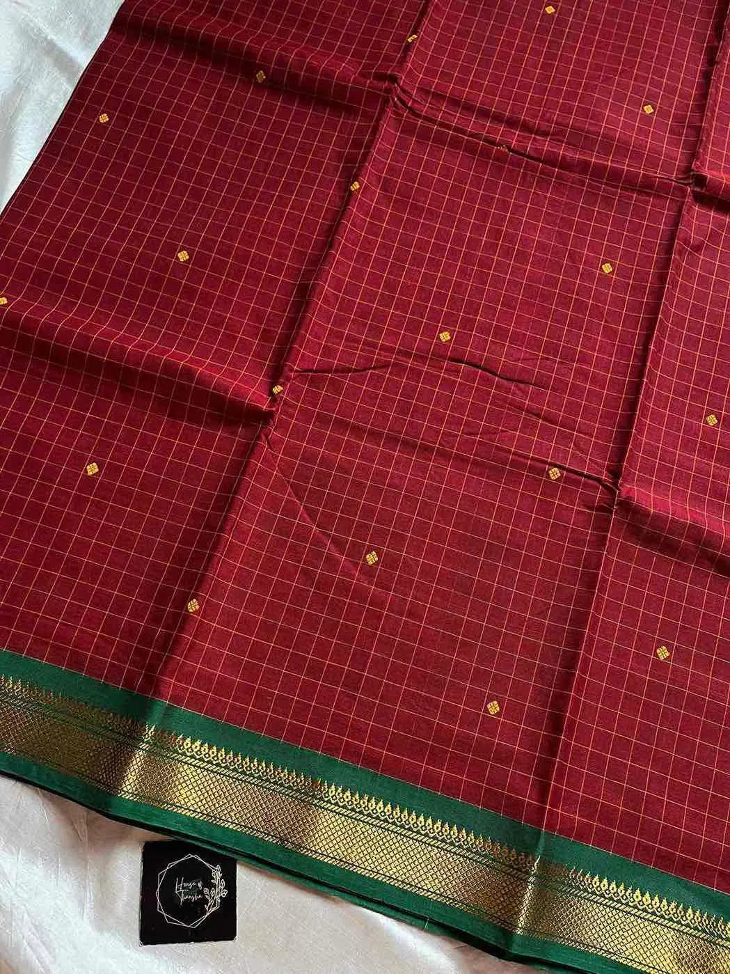 Maroon Kanchi cotton checked saree with contrast border - House of Thansha