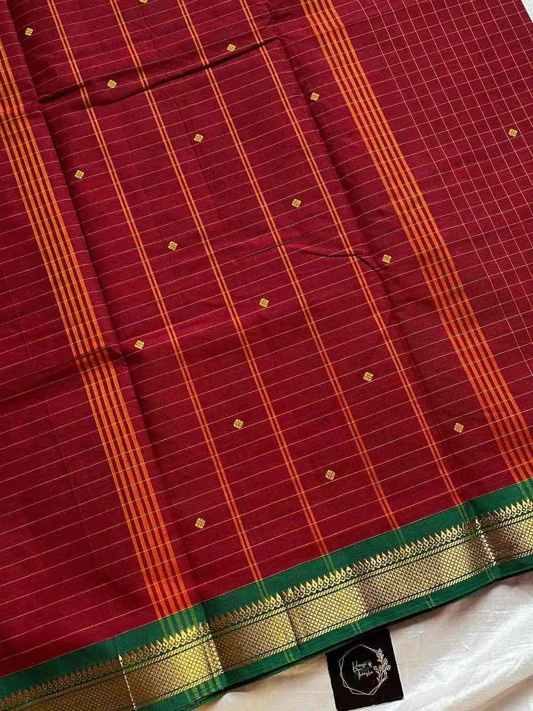 Maroon Kanchi cotton checked saree with contrast border - House of Thansha