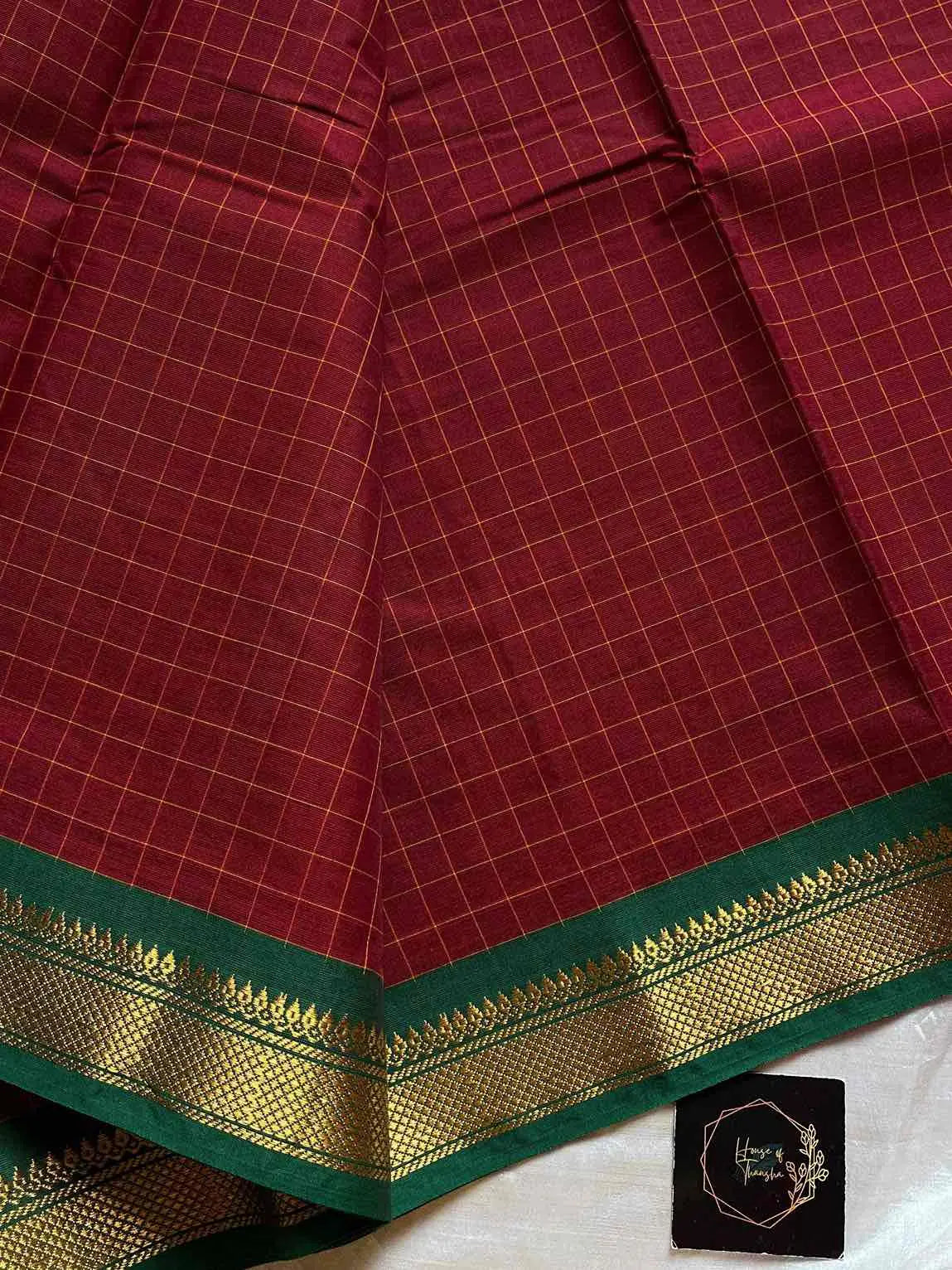 Maroon Kanchi cotton checked saree with contrast border - House of Thansha