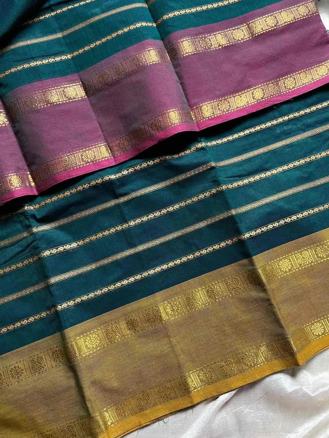 Kanchi Cotton Saree | Velthari Weave – Peacock Teal