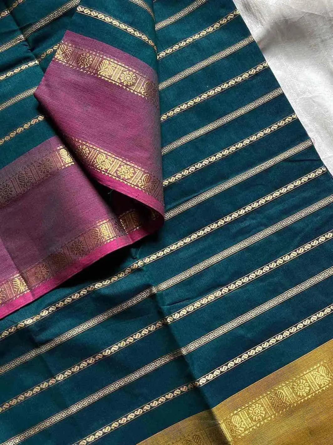 Kanchi Cotton Saree | Velthari Weave – Peacock Teal