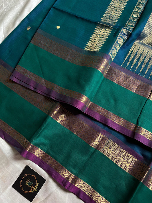 Peacock blue 120 count Kanchi cotton saree with big zari border – House of Thansha