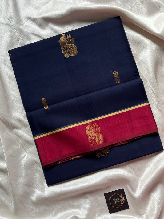 Devendra Vegan Weaves Dark Blue Handloom Art Silk Saree with Contrast Border and Pallu | House of Thansha
