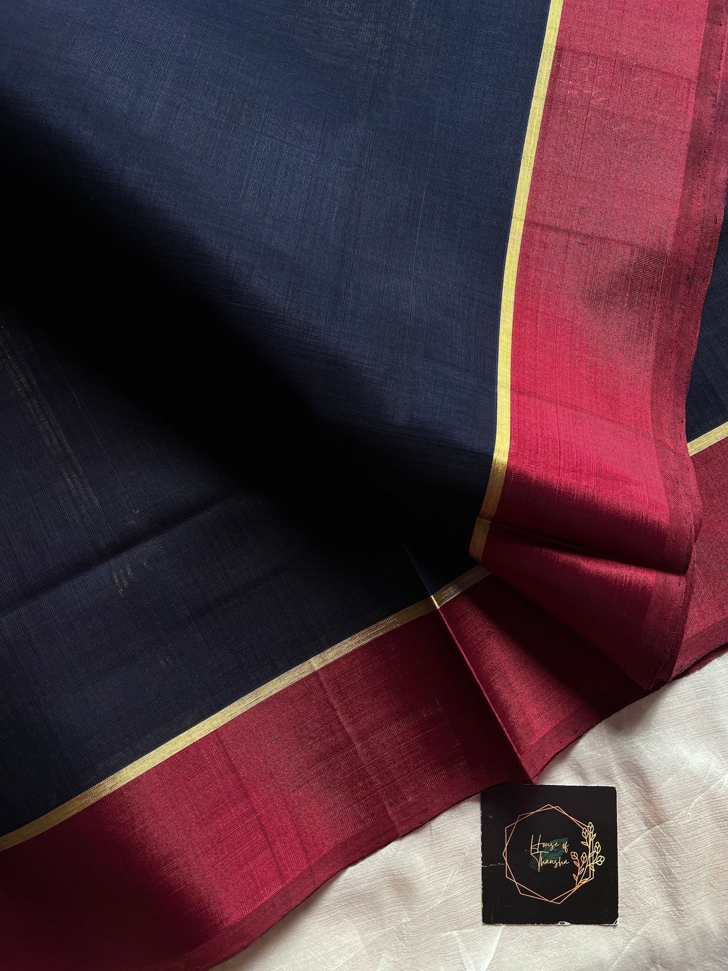 Devendra Vegan Weaves Dark Blue Handloom Art Silk Saree with Contrast Border and Pallu | House of Thansha
