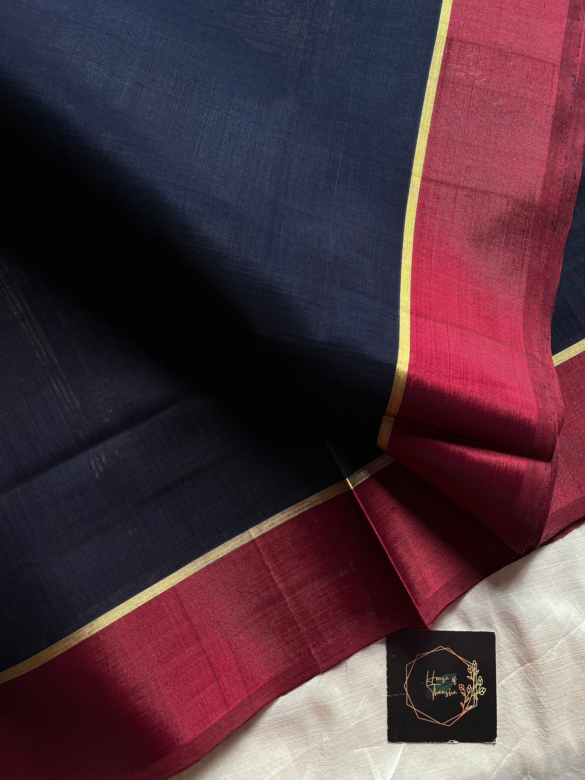 Devendra Vegan Weaves Dark Blue Handloom Art Silk Saree with Contrast Border and Pallu | House of Thansha
