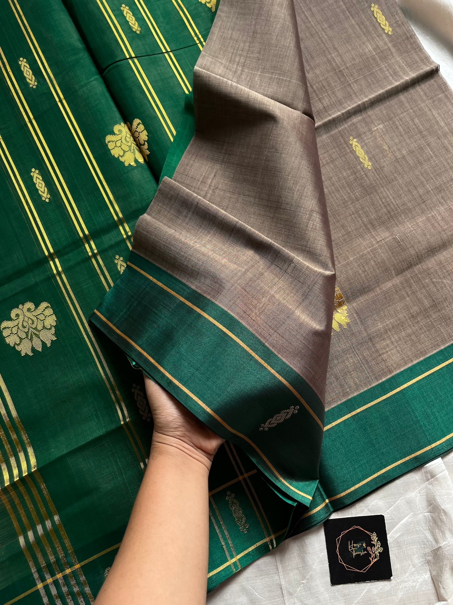 Devendra Vegan Weaves Metallic Grey Handloom Art Silk Saree with Contrast Border and Pallu | House of Thansha