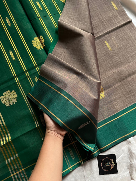Devendra Vegan Weaves Metallic Grey Handloom Art Silk Saree with Contrast Border and Pallu | House of Thansha