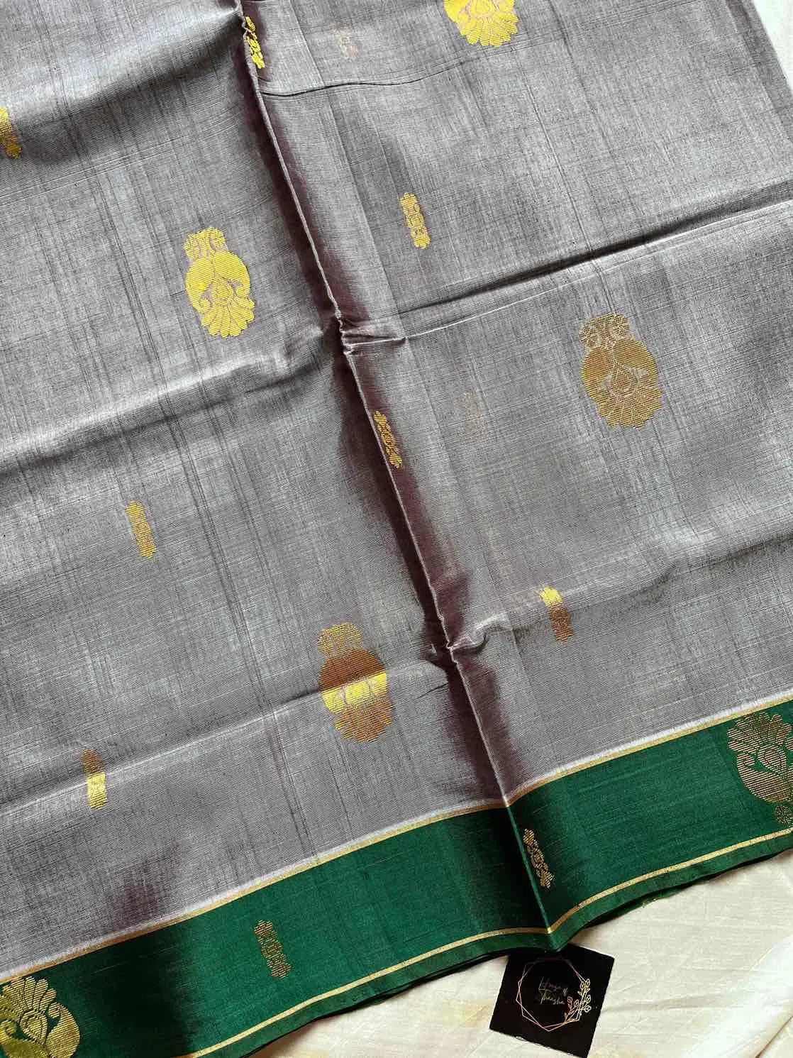 Vegan Silk Saree – Grey & Green | Handloom Art Silk